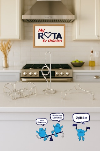 Servis Sunum Seti, Rota Kağıt Havluluk, Kare Peçetelik, Üçgen Nihale, Üçlü Set, Paslanmaz Çelik Tel Krom