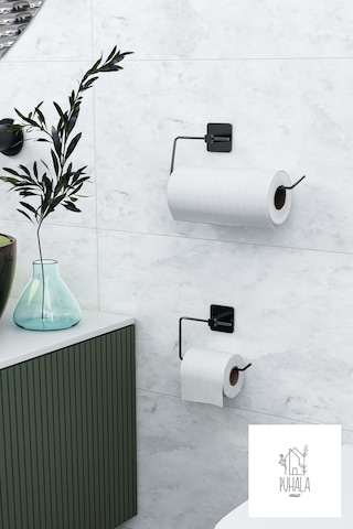 Yapışkanlı Tasarım Siyah Rulo Kağıt Havluluk Peçetelik Wc Kağıt Askısı Tuvalet Kağıdı Askısı 2li Set Siyah