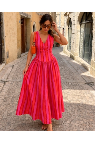 Asurboutique Asur Butik Kadın Fuşya Pembe Çizgili V Yaka Midi Elbise Kolsuz Yazlık Günlük Şık Elbise