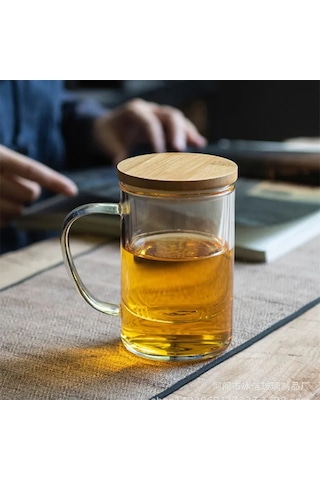 Bambu Kapaklı Borosilikat Cam Süzgeçli Cam Kupa 350 ml Uzun (THN76308)
