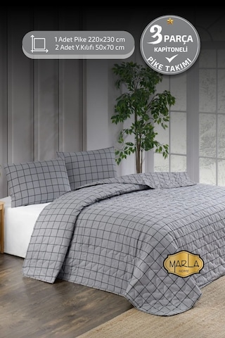 Çift Kişilik Pike Takımı Battal Boy 220x230 Cm Çok Amaçlı Yatak Örtüsü & Battaniye Gri Siyah