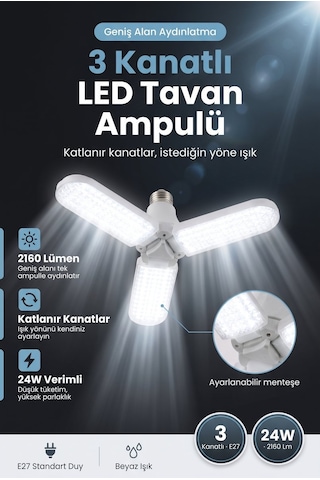 3 Kanatlı Katlanır Led Ampul Kristal Desenli Dekoratif Pervane Formlu E27