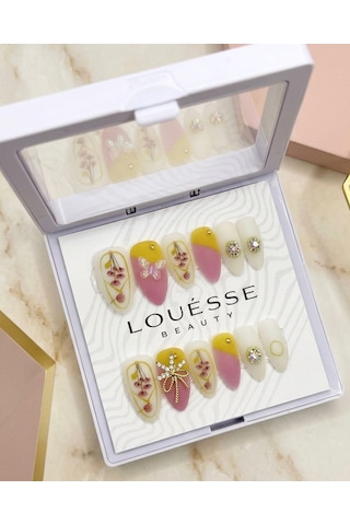 Louésse Spring Bloom Takma Tırnak 12 Li Çiçek Desenli Sarı Pembe Nail Set