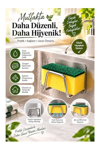 2 Adet Paslanmaz Bulaşık Süngeri Tutucu Yapışkanlı Askılık Pratik Mutfak Düzenleyici