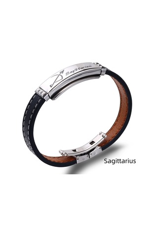 Tesbihane Deri&Çelik Kombinli Kişiye Özel İsim Harf/Yazılı Yay Burcu Erkek Bileklik Gümüş