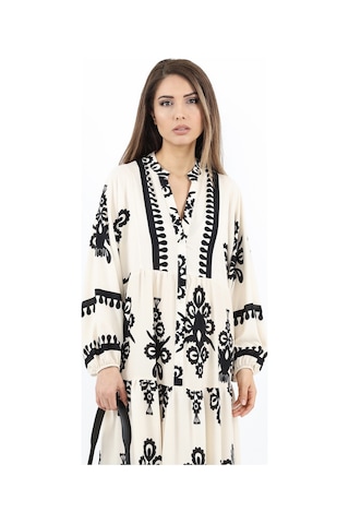 Prive Kadın Şal Desen Maksi Boy %100 Viskon Krem Siyah Uzun Elbise