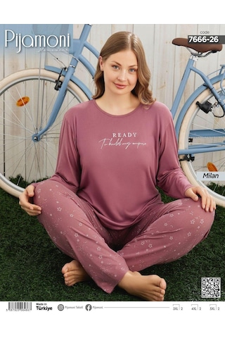Pijamoni Kadın Milan Büyük Beden Bisiklet Yaka Uzun Kol İnce Pijama Takımı 7666/26 - 1 Adet Gülkurusu