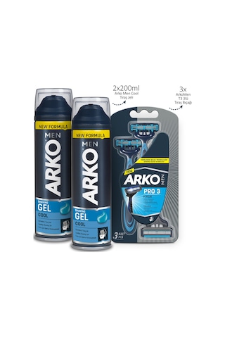 Arko Men T3 Pro3 Tıraş Bıçağı 3'lü + Tıraş Jeli Cool 2 x 200 ML