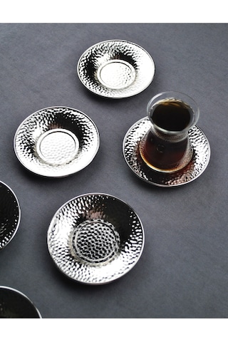 Qualitev 6 Adet Metal Çay Tabağı Dövme Desenli Çay Tabak 10 Cm Gümüş