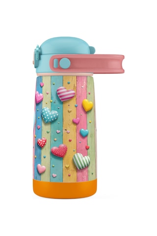 Puccon 420 Ml Turkuaz Pembe Kız Çocuk Kalp Desenli Çelik Matara - 60012
