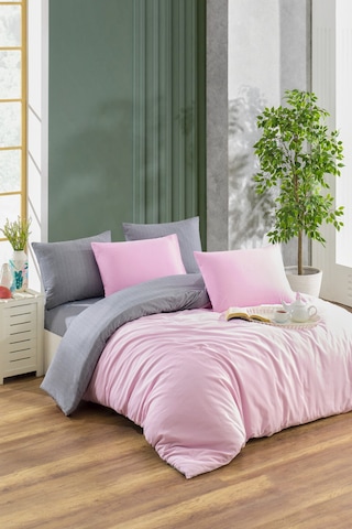 Çift Taraflı Çarşafı Lastikli Çift Kişilik Nevresim Takımı Pembe Gri