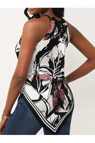 Ge Ticaret Kadın Üçgen Kesim Boyundan Bağlamalı Çiçek Desen Süprem Bluz Desenli