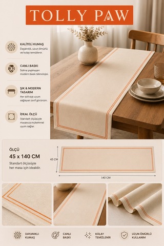 Premium Masa Runner Dijital Baskılı Yaprak Desenli Dekoratif Salon Mutfak Yemek Masası Runner Örtüsü 45x140 Cm Turuncu