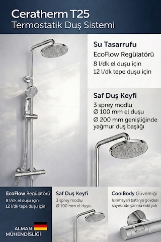 Ideal Standard Ceratherm T25 Termostatik Duş Sistemi A7208aa,krom Krom