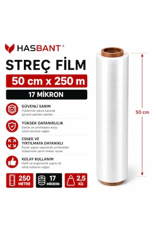 Has Bant Palet Streç Film Şeffaf 50 Cm X 250 M 17 Mikron 2,5 Kg - 6 Adet