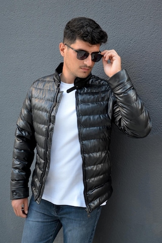 Prifaldi Erkek Dik Yaka Şişme Deri Mont Siyah 001