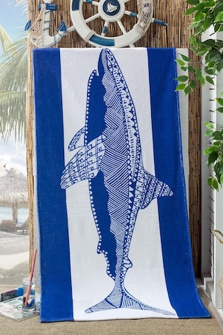 Köpek Balığı Baskılı Mavi Plaj Havlusu 70X155Cm