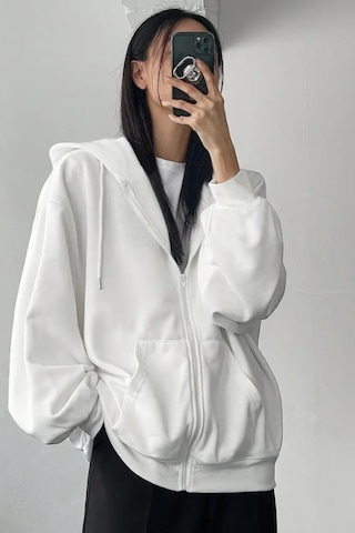 Cool Tarz Unisex Beyaz Fermuar Kapüşonlu Sweatshirt Beyaz Beyaz