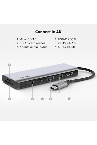 Belkin 7'si 1 Arada Çok Bağlantı Noktalı Usb C Hub 4k Hdmi, Usb-