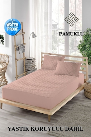 Mona Verde Renkli Sıvı Geçirmez Lastikli Çift Kişilik Çarşaf Yastık Alezi (Toplam 3 Parça) %100 Pamuk Kapitoneli MNVCKAPFIT00 Pembe ÇK