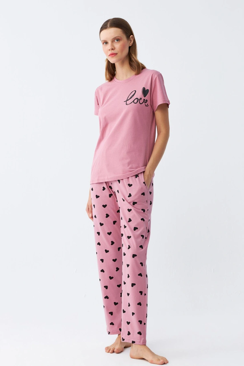 Akbeniz Kadın Somon Kalp Desenli Kısa Kollu Penye Pijama Takımı Pembe