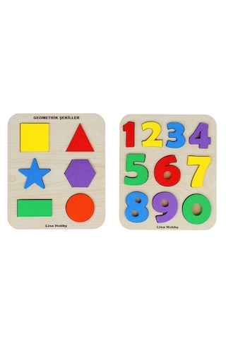 2'li Set Montessori Eğitici Ahşap Sayılar Ve Geometrik Şekiller Bultak Puzzle 20x17 Cm 1 Adet