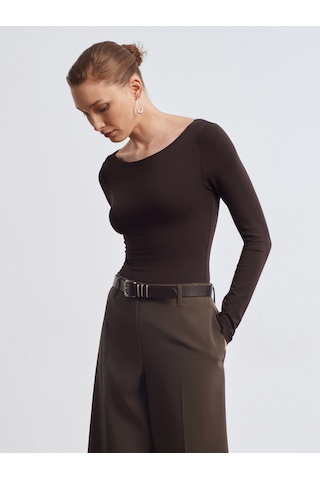 Dilvin 32549 Kayık Yaka Bodysuit-koyu Kahve Koyu Kahve