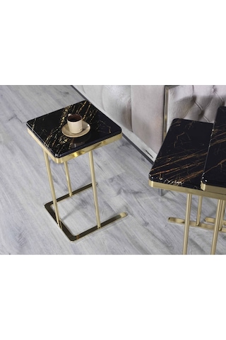 Zigon Sehpa & Yan Sehpa 3'lü Kare Sehpa Hıgh Gloos Mdf Siyah Gold İşleme