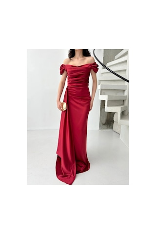 Feminist Bordo Drape Detaylı Saten Kumaş Abiye Elbise 9704858