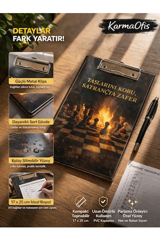Taşlarını Koru Satranç Temalı Sekreterlik 17x25 Cm A5 Uyumlu Metal Klipsli Dayanıklı Clipboard