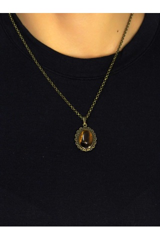 Doğal Taş Kaplangözü Doğal Taşlı Kadın Doğal Taş Otantik Kolye Euk27kg Kahverengi