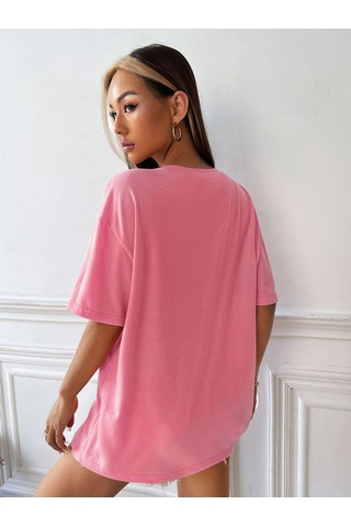 Aloha T-shirt - Pembe Baskılı Oversize Bisiklet Yaka Kısa Kol Tişört Pembe