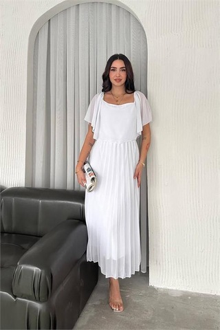 Neşeli Butik Kadın Beyaz Pileli Midi Boy Şifon Elbise Nbk4102 Beyaz
