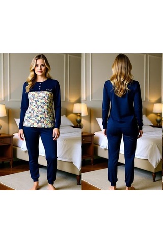 Kadın Pamuklu Lacivert - Desenli Renk Pijama Takımı Al501-2 Lacivert