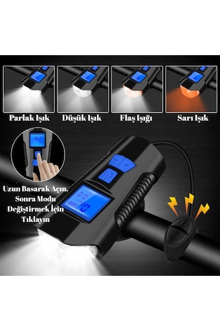Lcd Ekran Şarjlı Bisiklet Işığı Hız Göstergeli Korna