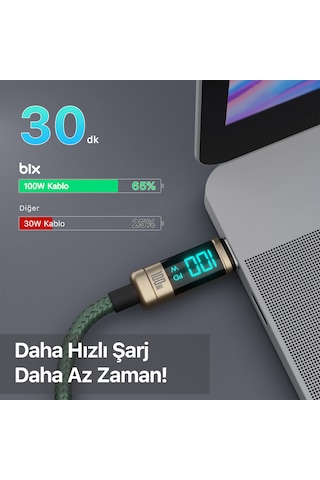 Bix BX09CC 100 W Type-C Led Ekranlı Şarj ve Data Kablosu 1 M Bronz