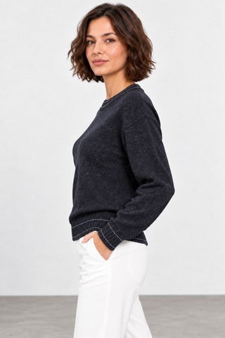 Bihan Store Kadın Simli Sıfır Yaka Triko Bluz W27-31629 - Lacivert