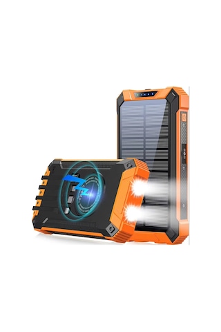 10000mah Powerbank Solar Güneş Enerjili Wireless Kablosuz Şarj Özellikli Taşınabilir Şarj Led Işıklı Turuncu