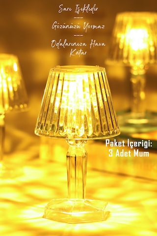 3 Adet Led Mum Kristal Tip Pil Dahil Ledli Dumansız Alev Yapay Dekoratif Mum Dekor Işığı Şeffaf P288