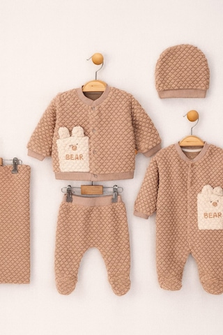Milays Erkek Bebek Jakarlı Welsoft Tulum Zıbın Bere Ve Battaniyeli 5 Li Takım Kahve