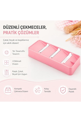 4 Bölmeli Çekmece İçi Kaşıklık Çatal Bıçak Organizeri Düzenleyici,pembe Çok Renkli