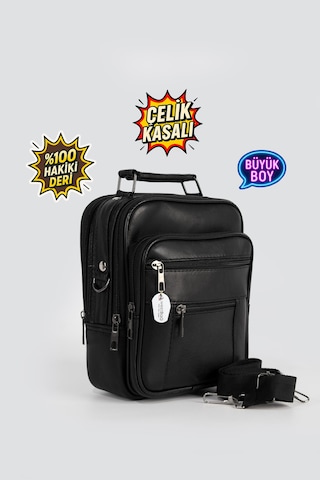 Westbag Erkek Siyah Çelik Kasalı Hakiki Deri El Ve Omuz Çantası Ayarlanabilir Askılı Büyük Boy
