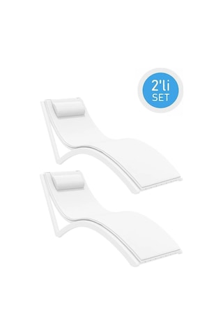 Omnipazar Trk-087 Siesta Minderli Yastıklı Lüks Ergonomik Slim Şezlong Beyaz 2'li Set Beyaz