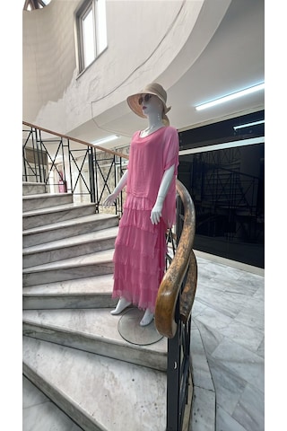 İtalyan 2 Beden Ince Gösteren Yarım Kol Kat Kat Ipek Elbise Pembe