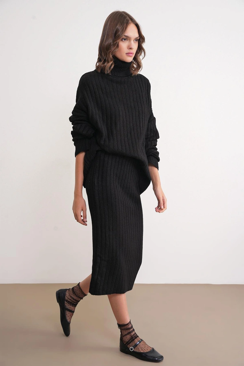 6929 Kadın Fitilli Triko Etek Siyah Siyah