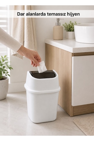Beyaz Çöp Yut Çöp Kovası 6 L - Sallanır Kapaklı Kompakt Banyo Odası Ve Masa Altı Çöp Kutusu