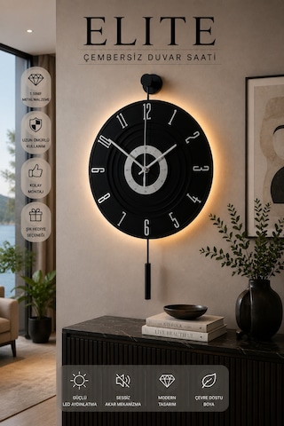 MetaQuartz Aksesuar Full Siyah - Gümüş Rakam - Kardelen 7-24 Kablosuz Pilli Led Modern Dekoratif Duvar Saati
