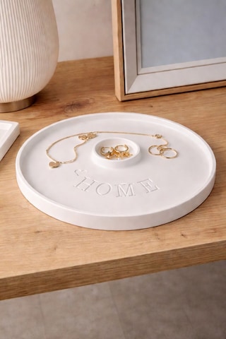 25 Cm Özel Tasarım "home" Temalı Yuvarlak Dekoratif Tepsi / Mum Tepsisi / Biblo Tepsisi Beyaz