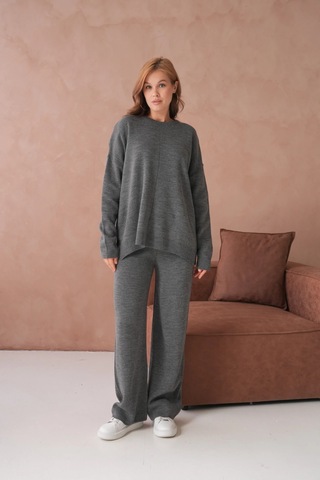 Kadın Bisiklet Yaka Yırtmaçlı Kazak Pantolon İkili Triko Takım Antrasit