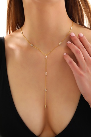 Queen Silver Jewelry 925 Ayar Gümüş Mekik Zirkon Taşlı Zincir Atlamalı Y Kolye Altın